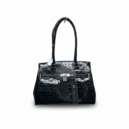 Elegant Black Crocodile-Embossed Handbag 10" x 13"