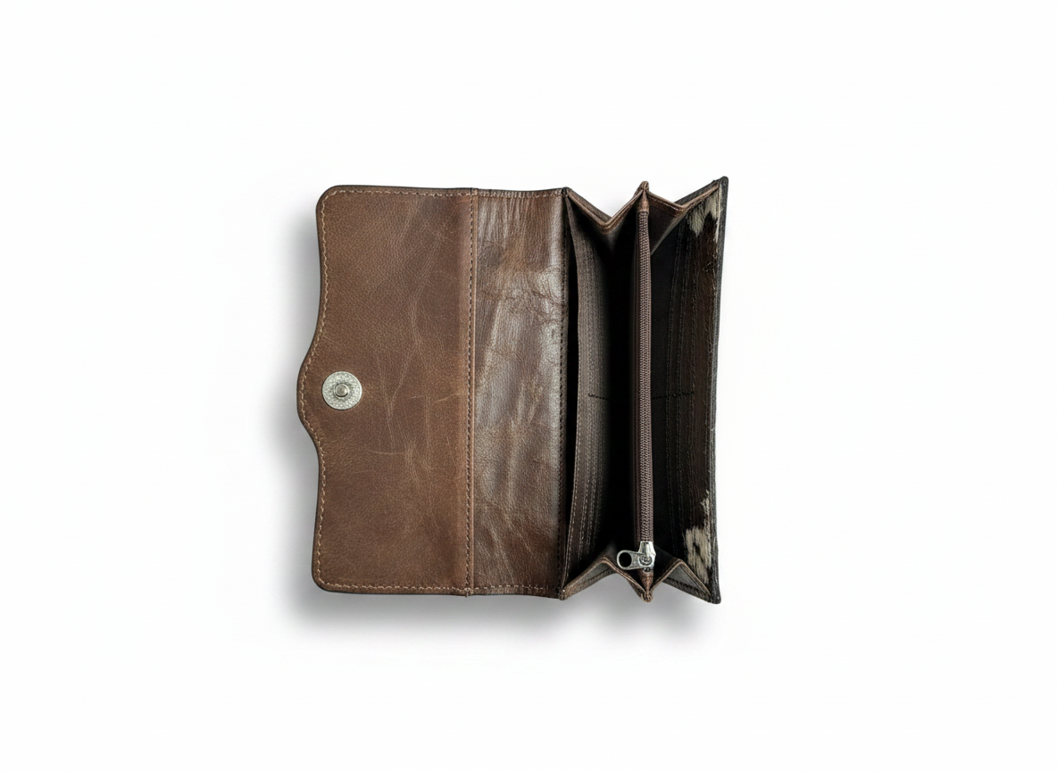 Handcrafted Leather Tooled Cowhide Clutch Wallet 4" x 7.5"