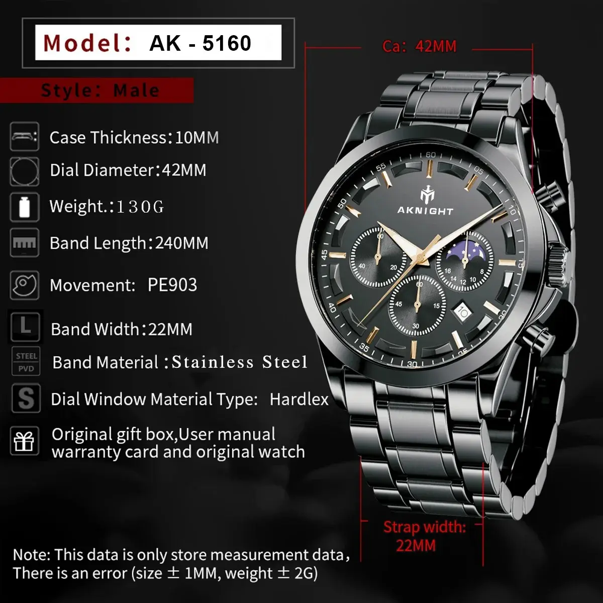 Men's Aknight 42mm Big Face Black Stainless Steel & Black