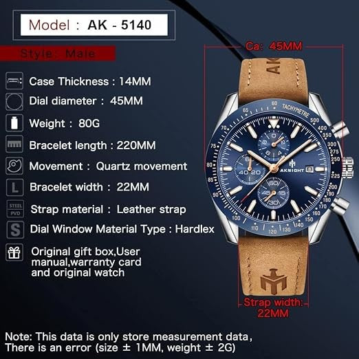 Men's Aknight 45mm Big Face Blue & Silver Watch w/ Leather Strap