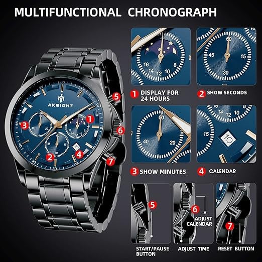 Men's Aknight 42mm Big Face Black Stainless Steel & Blue