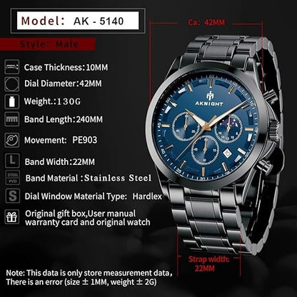 Men's Aknight 42mm Big Face Black Stainless Steel & Blue