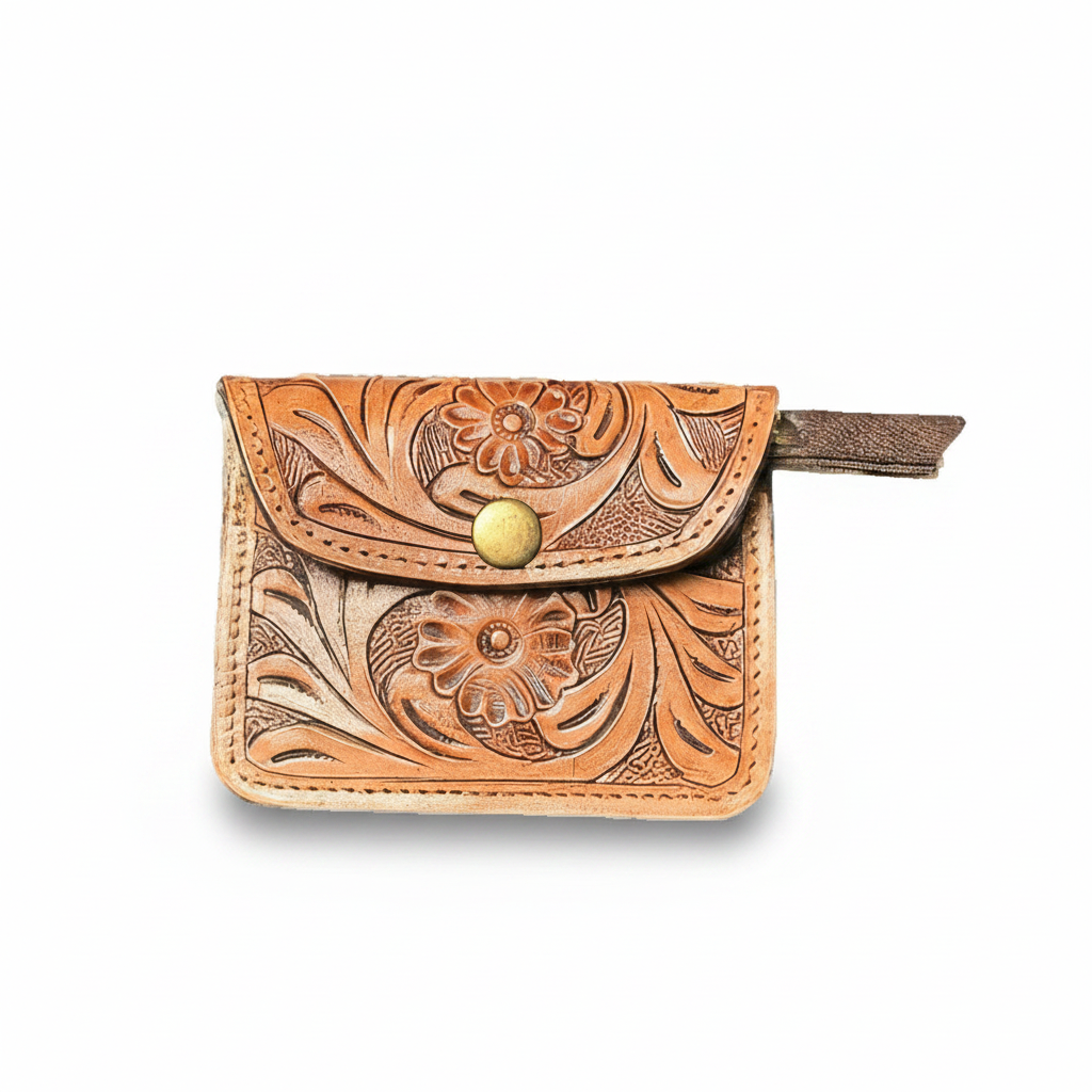 Handcrafted Leather Coin Pouch Floral 3" x 4"
