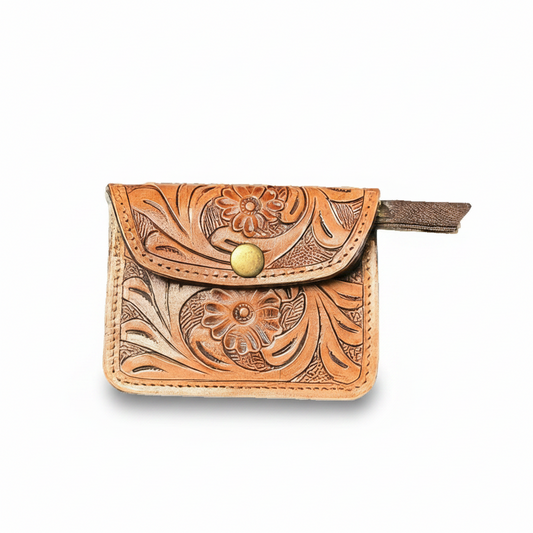 Handcrafted Leather Coin Pouch Floral 3" x 4"