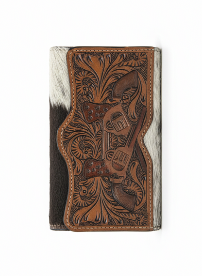 Handcrafted Leather Tooled Cowhide Clutch Wallet 4" x 7.5"