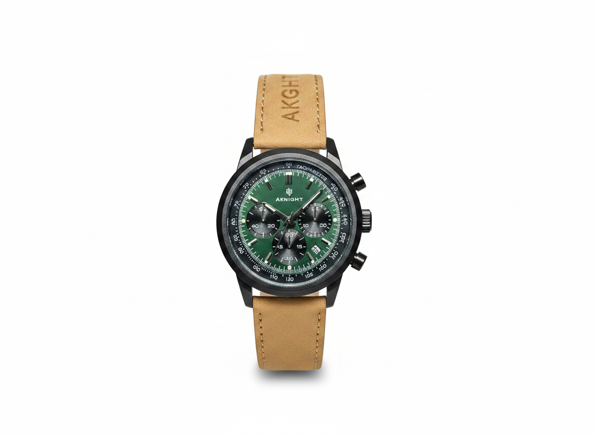Men's Aknight 42mm Big Face Brown & Green w/ Leather Strap