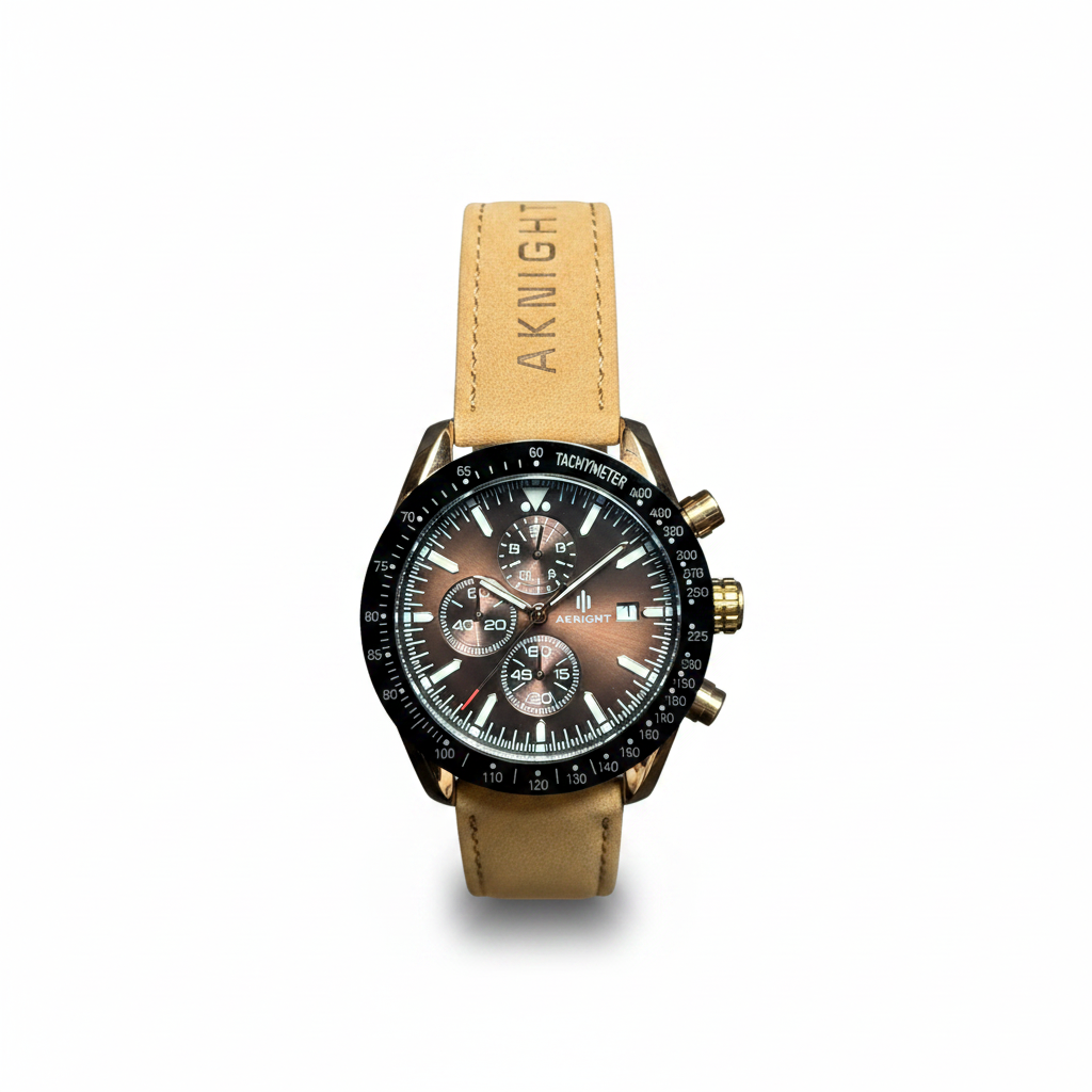 Men's Aknight 45mm Big Face Black/Brown & Gold Watch w/ Leather Strap