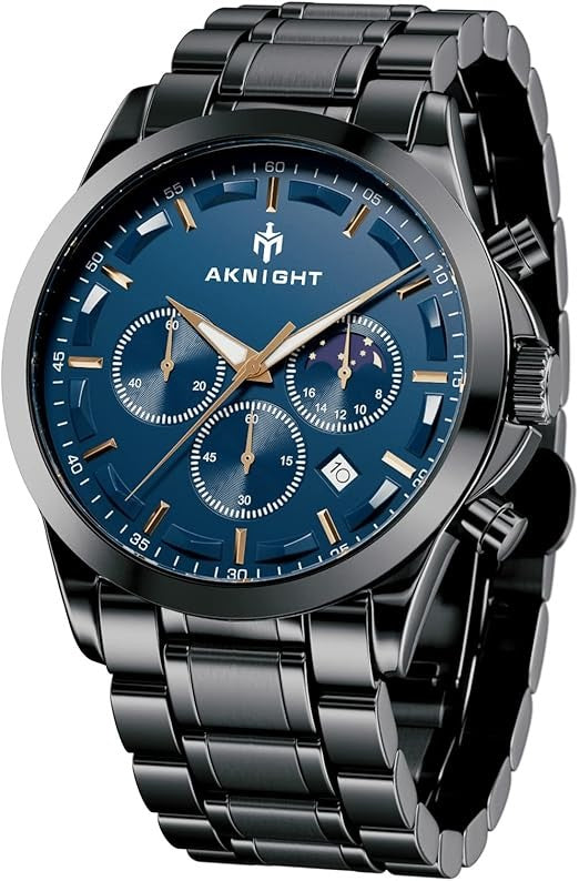 Men's Aknight 42mm Big Face Black Stainless Steel & Blue
