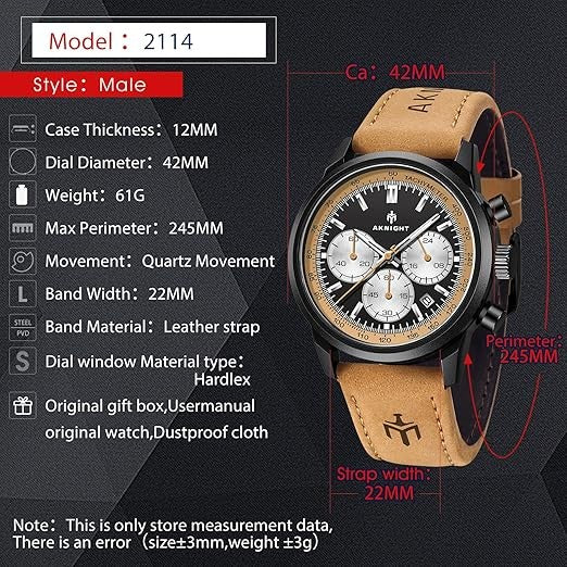 Men's Aknight 42mm Big Face Brown & Black w/ Leather Strap