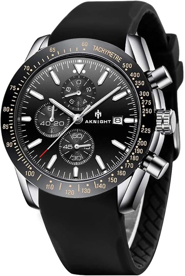 Men's Aknight 44mm Big Face Black & Silver w/ Silicone Strap