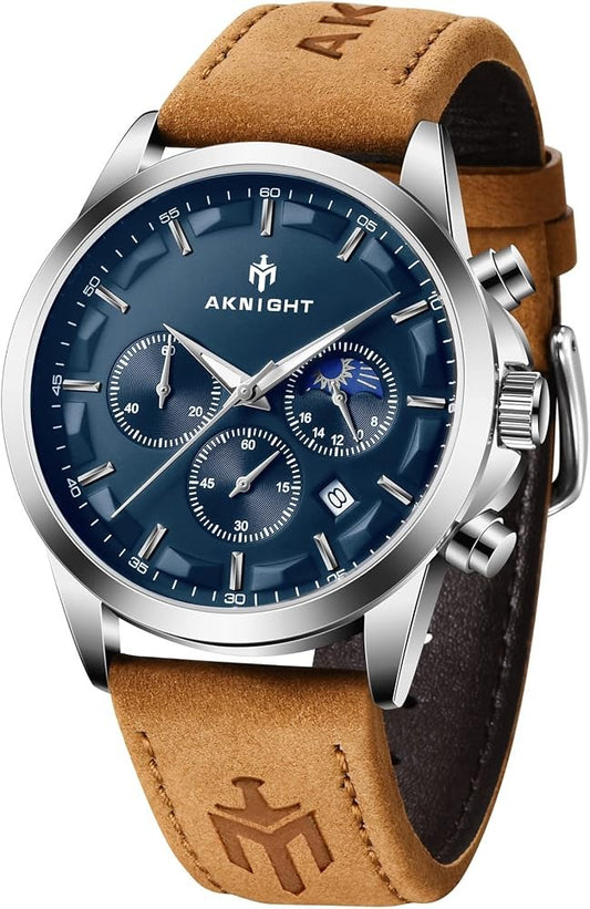 Men's Aknight 45mm Big Face Blue/Silver Watch w/ Leather Strap
