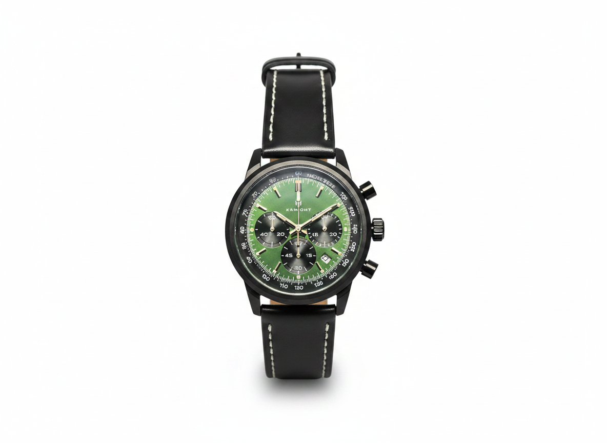 Men's Aknight 42mm Big Face Black & Green Watch Leather Strap