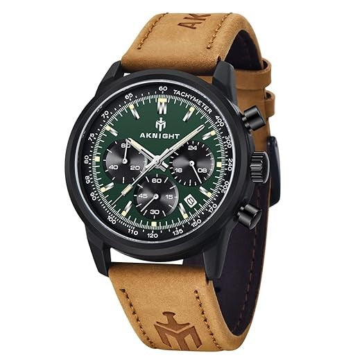 Men's Aknight 42mm Big Face Brown & Green w/ Leather Strap