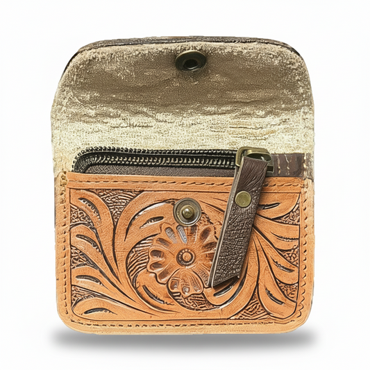 Handcrafted Leather Coin Pouch Floral 3" x 4"