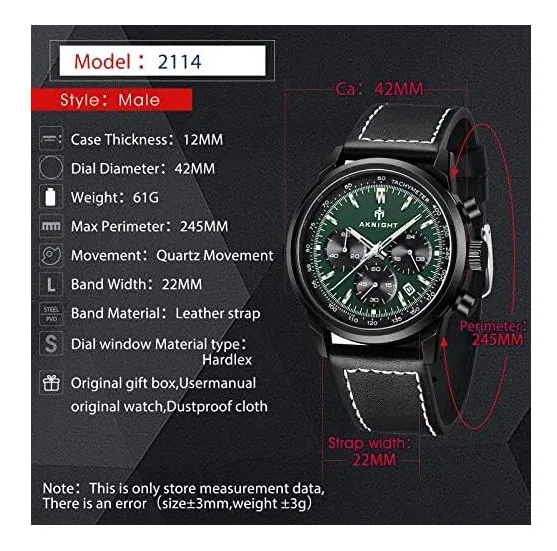 Men's Aknight 42mm Big Face Black & Green Watch Leather Strap