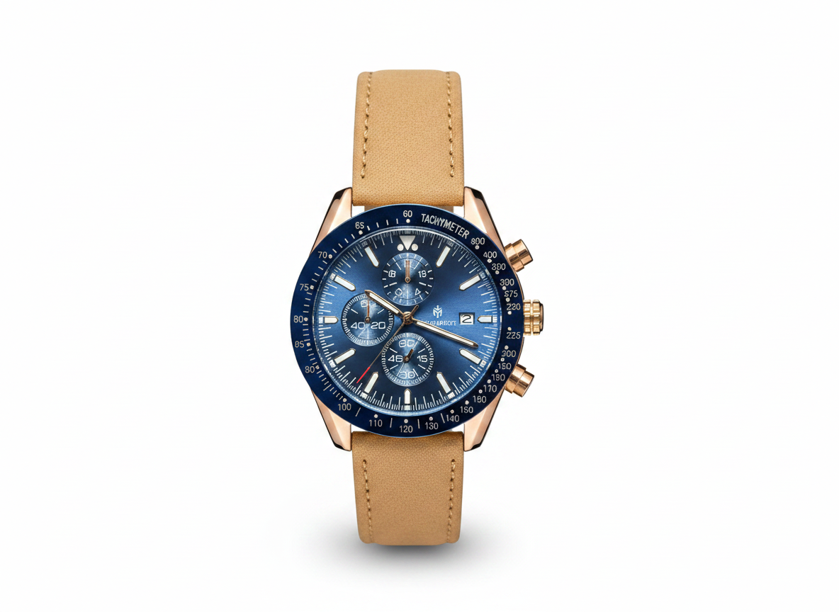 Men's Aknight 45mm Big Face Blue & Gold Watch w/ Leather Strap