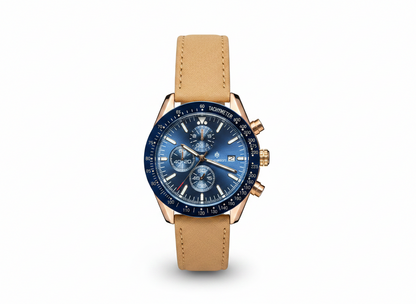 Men's Aknight 45mm Big Face Blue & Gold Watch w/ Leather Strap