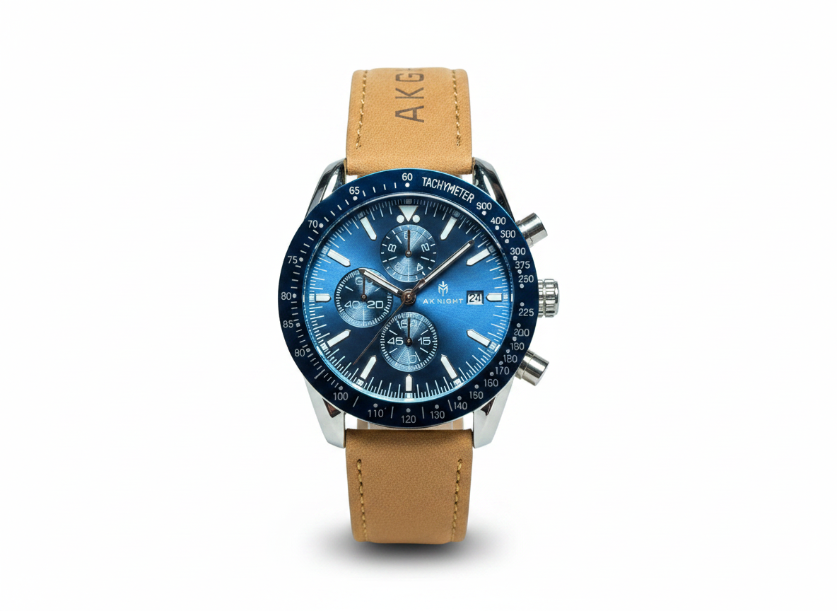 Men's Aknight 45mm Big Face Blue & Silver Watch w/ Leather Strap