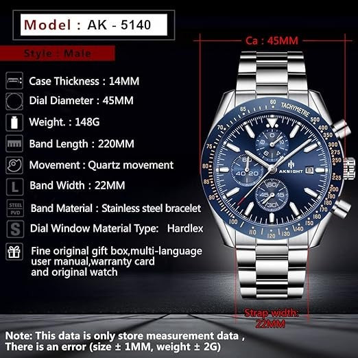 Men's Aknight 45mm Big Face Stainless Steel & Blue Watch