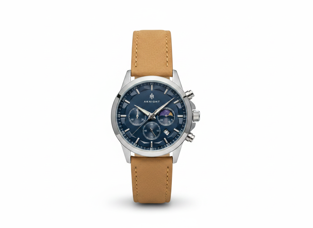 Men's Aknight 45mm Big Face Blue/Silver Watch w/ Leather Strap
