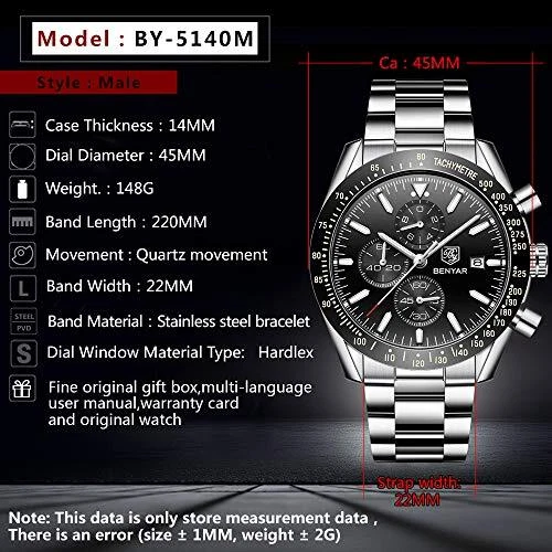 Men's Benyar 45mm Big Face Stainless Steel & Black