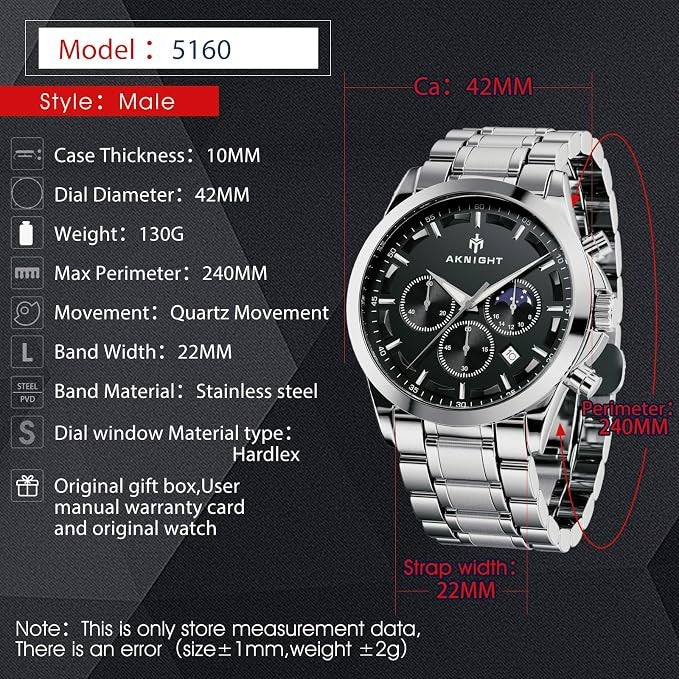 Men's Aknight 42mm Big Face Silver and Black