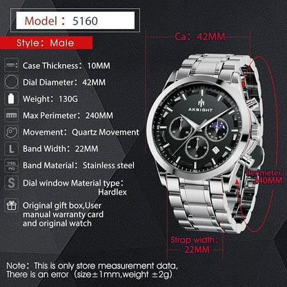 Men's Aknight 42mm Big Face Silver and Black