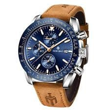 Men's Aknight 45mm Big Face Blue & Silver Watch w/ Leather Strap