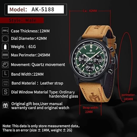 Men's Aknight 42mm Big Face Brown & Green w/ Leather Strap