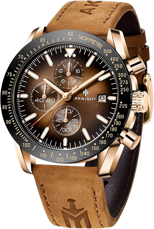 Men's Aknight 45mm Big Face Black/Brown & Gold Watch w/ Leather Strap
