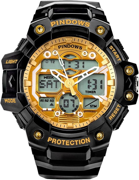 PINDOWS Men's Military Outdoor Sports Watch PDS-631-N2 Black Gold